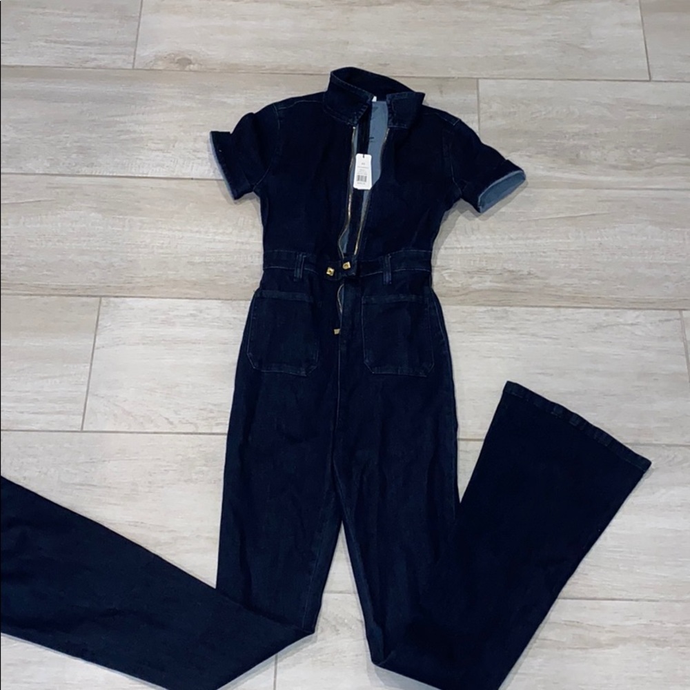 WEWOREWHAT DENIM BELL BOTTOM JUMPSUIT